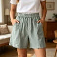 thumbnail image 2 of Rggeeun Womens Shorts Solid Color Elastic High Waist Loose Fit Wide Leg Cotton Linen With Side Pockets & Buttons For Gym Graceful Hot Pants,Green,M, 2 of 5