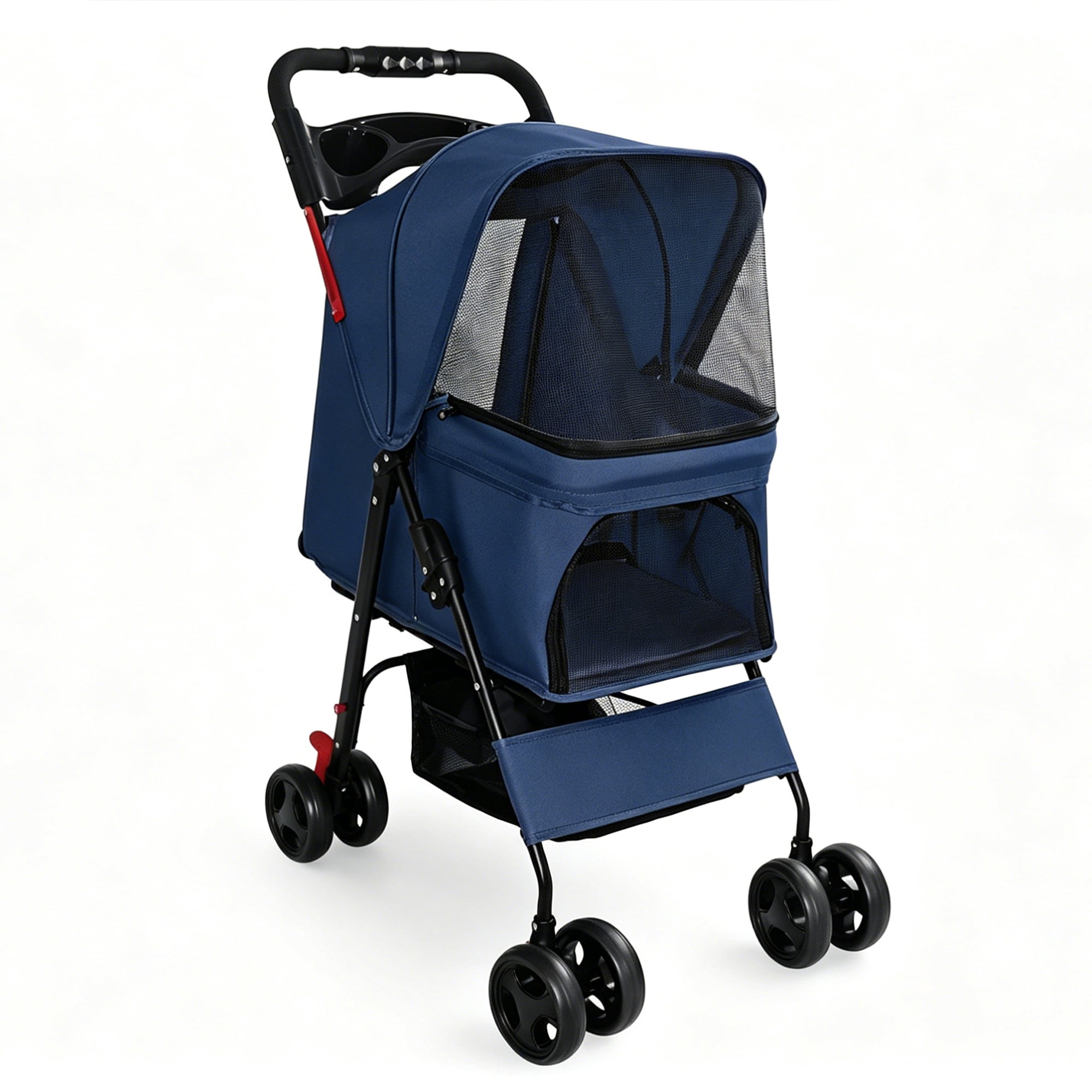 One-Click Foldable Blue Pet Stroller for Small Dogs & Cats, Holds Up to 28 LBS, Breathable Mesh, 360° Swivel Lockable Wheels, Storage Tray & Basket for Walks Vet Travel
