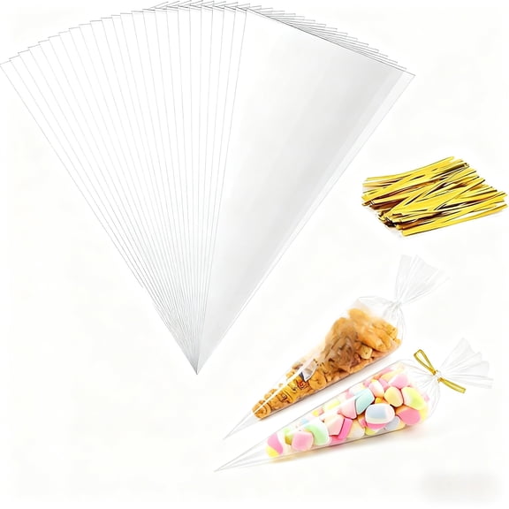 Clear Cone Bags - 100 Pack Cellophane Treat Bags with Twist Ties, Perfect for Candy Buffet, Parties, Weddings(14.5 x 7.09in)