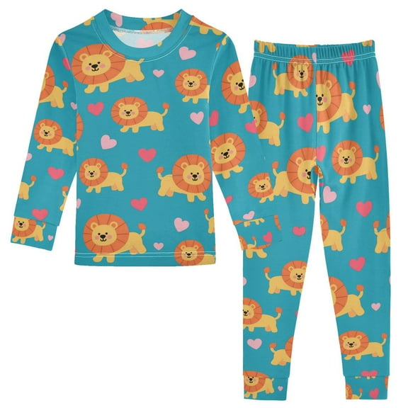 joogoo Cartoon Lion and Heart 2 Piece Long Sleeve Tee and Pants Cotton Pajama Set 5Y
