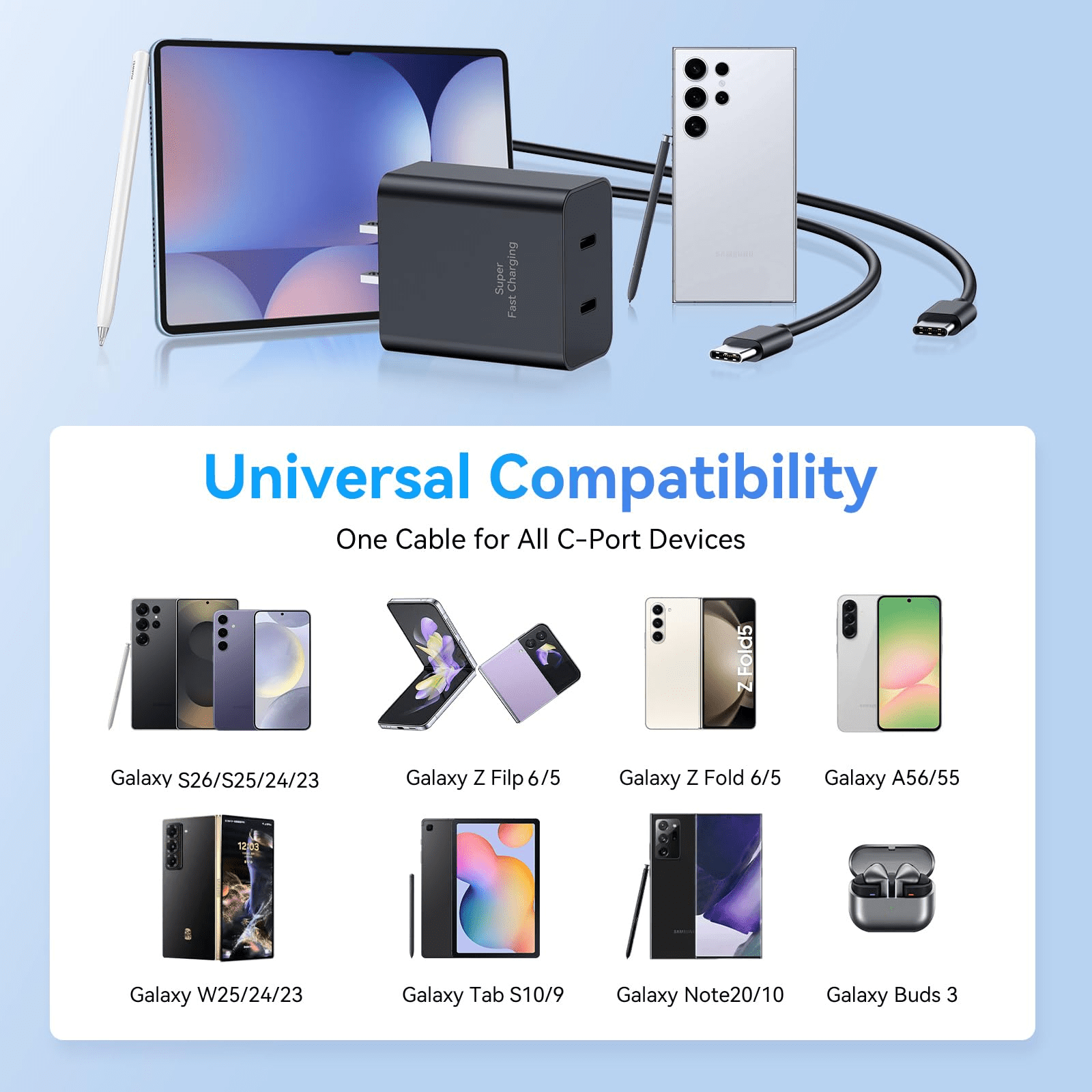 xzyuan 45W Super Fast Charger USB C, 2-Pack Dual Port Type C Charger Fast Charging,with 10/10FT Cable&Cord for Samsung Galaxy S25 Ultra/S24 Ultra/S23/S22/S21/S20+, iPhone16/15