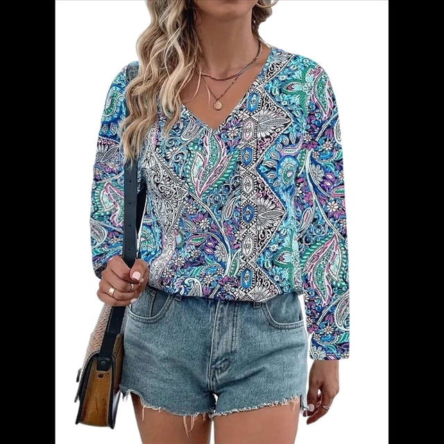 Blusas Casuales de Larga con Cuello en V y Estampado Bohemio para Mujer 3-Colores Mezclados L