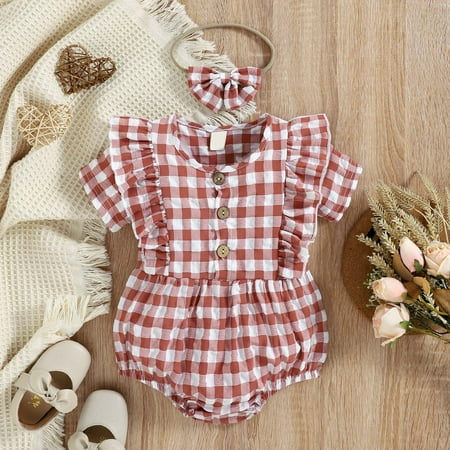 

Leutsin Toddler Baby Girls Fashion Cute Lattice Print Ruffles Flying Sleeve Romper Bow Headdress Suit