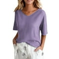 thumbnail image 5 of Helii T Shirts for Women V Neck Solid Color 3/4 Sleeve Tops Casual Loose Lightweight Linen Cotton Blouse for Spring Summer Fashion Clothing Purple, 5 of 5