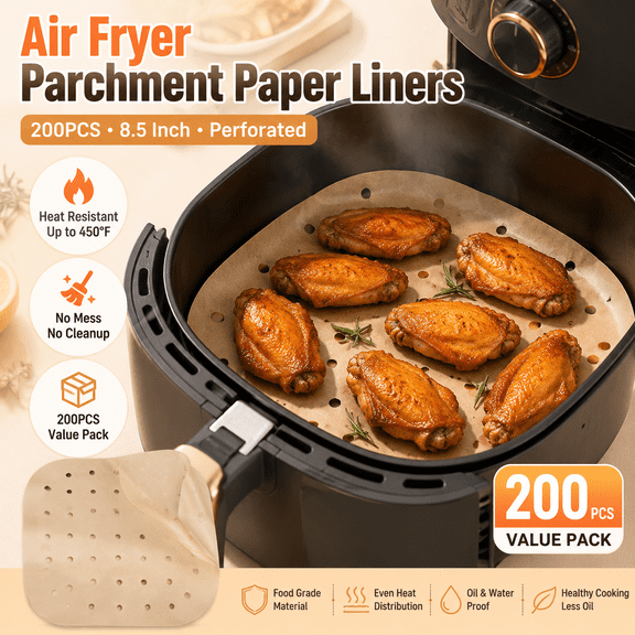 200 Count 8.5 Inch Square Perforated Parchment Paper Liners for Air Fryer, Steamer, Baking, and Oven – Non-Stick, Greaseproof, Heat Resistant