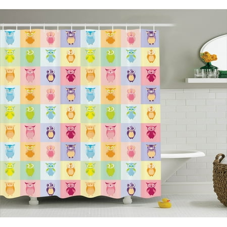 Owl Decor Shower Curtain Set Cartoon Cute Owls Multicolor Fun Owl Decor Shower Curtain Set Cartoon Cute Owls Multicolor Fun Animal Love Childrens Art Nursery
