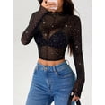 thumbnail image 5 of Women Rhinestone Sparkly Long Sleeve Sheer Crop Top See Through Shirt Glitter Going Out Tops Black L, 5 of 9