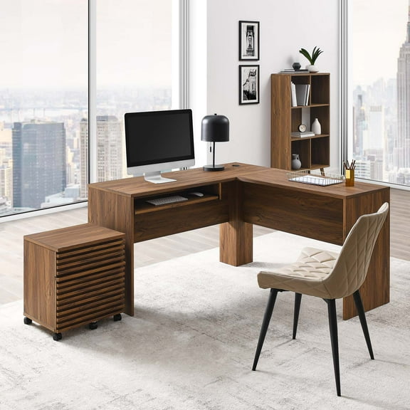 Modway Render Particleboard MDF Wood Desk and File Cabinet Set in Walnut