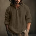 thumbnail image 2 of Mens Cotton Linen Hoodies Long Sleeve Button Pullover Sweatshirt Casual Drawstring Beach Hooded Sweatshirts Coffee XL, 2 of 6