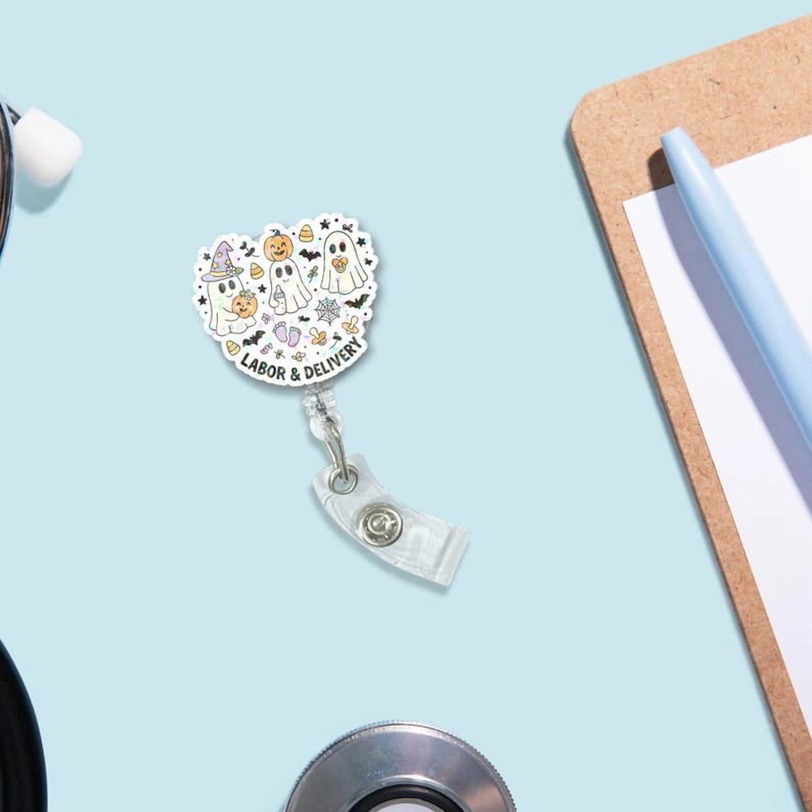 TiniDecor Labor & Delivery Ghost Badge Reel, Retractable Acrylic ID Holder, Cute Halloween Nurse Accessory