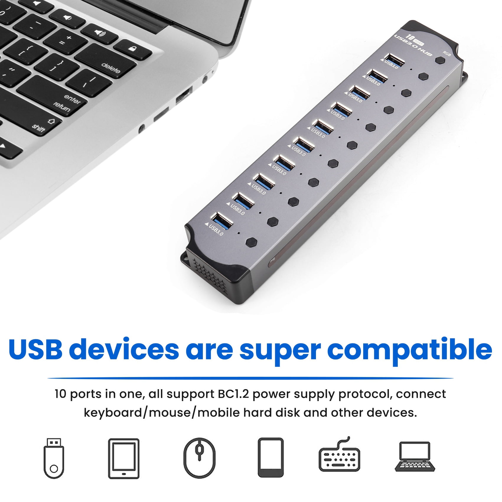10 in 1 Powered USB HUB 10 Ports USB Adapter USB Splitter USB 3.0 Interface Individual Switch RGB E-Marker Heat Design,1 x 10 in 1 Powered USB HUB,Photo Color