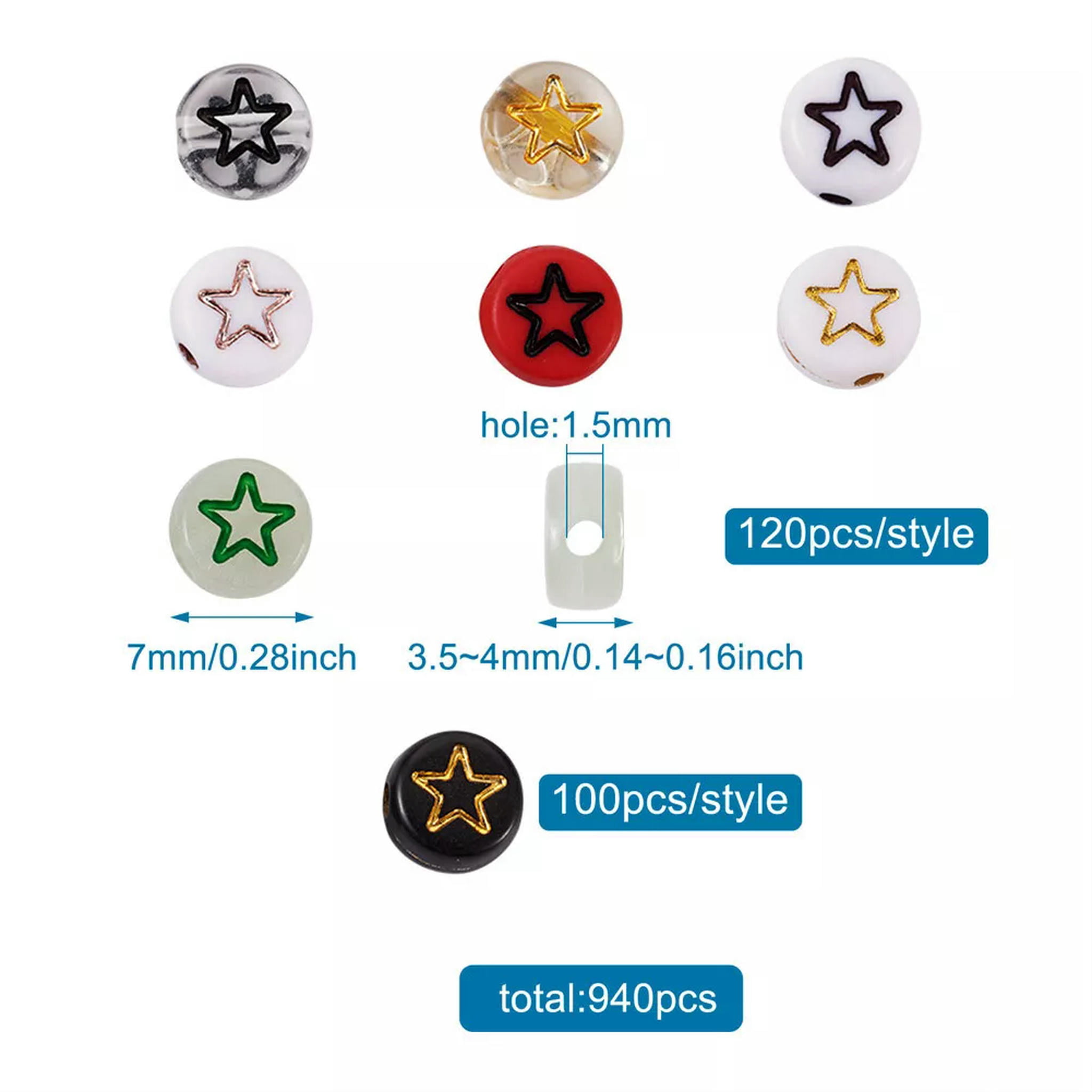 U8MO 940pc 7mm Flat Round with Moon Heart Flower Star Acrylic Pony Disc Spacer Beads