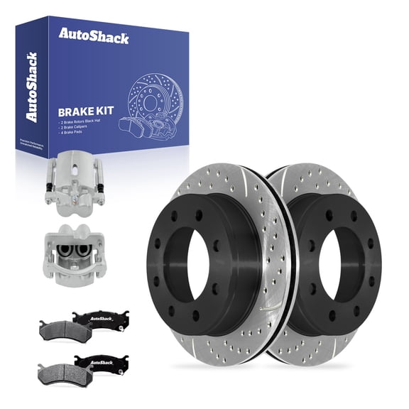 AutoShack Rear Vented Drilled & Slotted E-Coated Brake Rotors   Ceramic Pads   Calipers 8-PC Brake Kit Replacement for 2003-2009 Hummer H2 2000-2007 Chevy Suburban 2500 ShadowGuard 12.99" (330 mm)