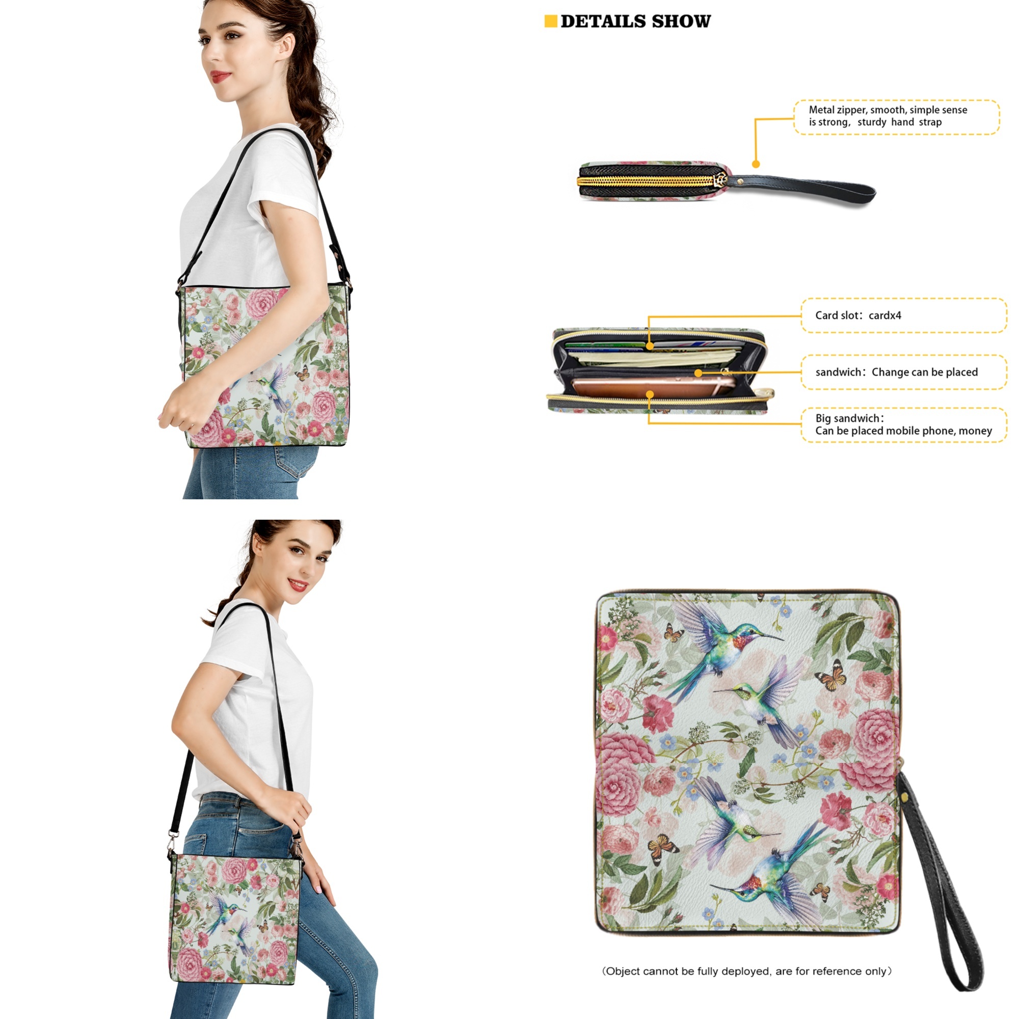 ZUXONGSY Hummingbird Peony Flower Print Bucket Handbag Wallet Set for Women Lady, Large Hobo Bag Satchel Purse Tote Bag Top Handle Purse with Leather Wallet for Travel Shopping