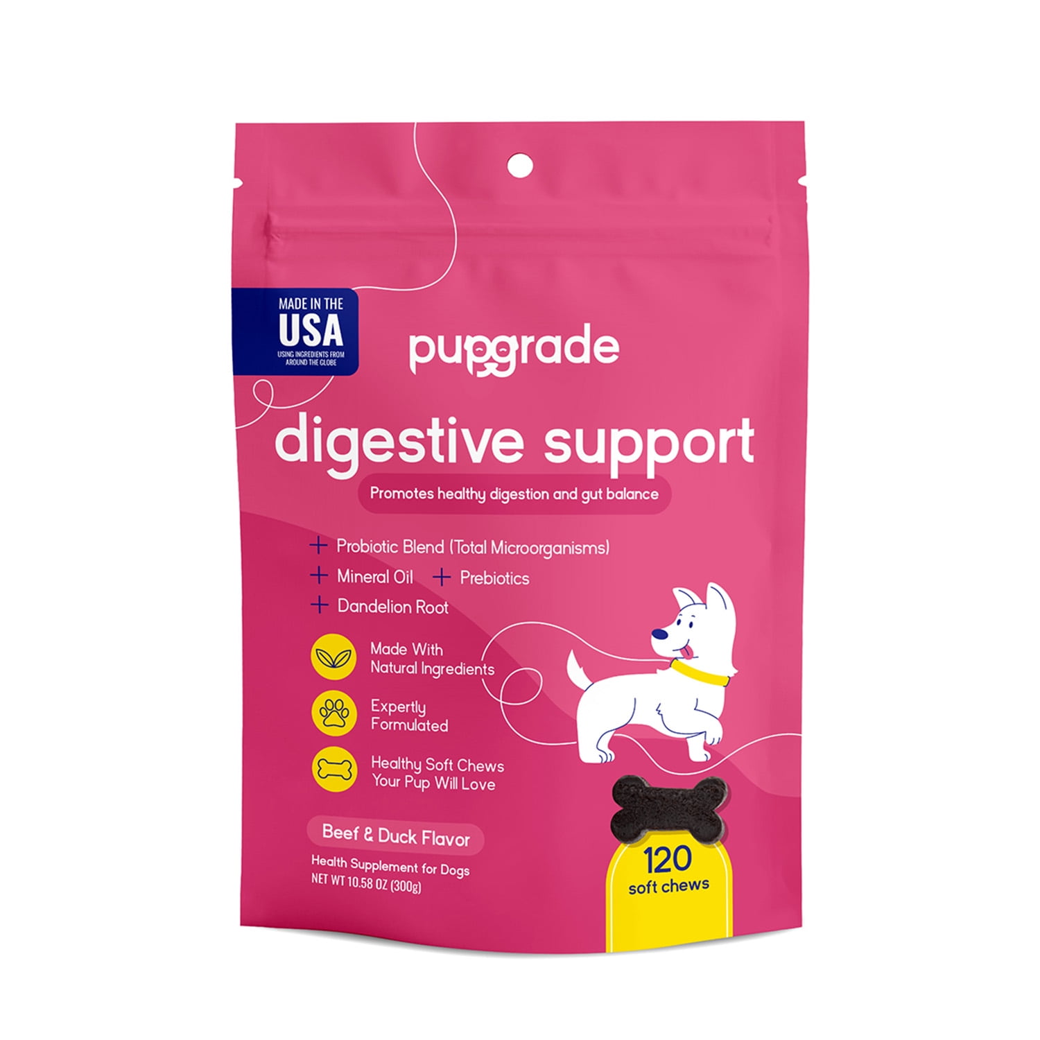 PupGrade Digestive Health Soft Chews for Dogs with Probiotics & Enzymes, 120 Count