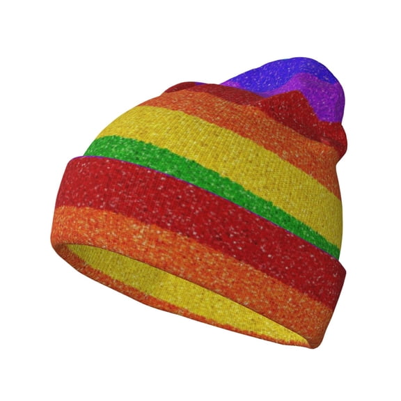 Zufioo Colorful Glitter Rainbow Print Adult Knitted Hat, Unisex Cuffed Brimless Ski Hat, Suitable for Autumn and Winter