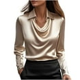 thumbnail image 2 of HongQid Women's Satin Collar Neck Drape Ruched Front Long Sleeve Blouse Shirt Top, 2 of 7