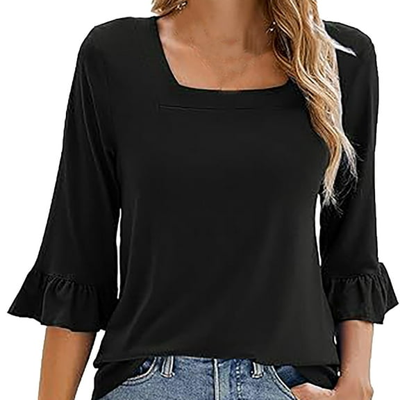 YOTMKGDO T-Shirts for Women, Crew Neck Women's Casual Tops Summer Square Neck T Shirts Ruffle Loose Fit Tunic Blouses 3/4 Sleeve (Black, L)