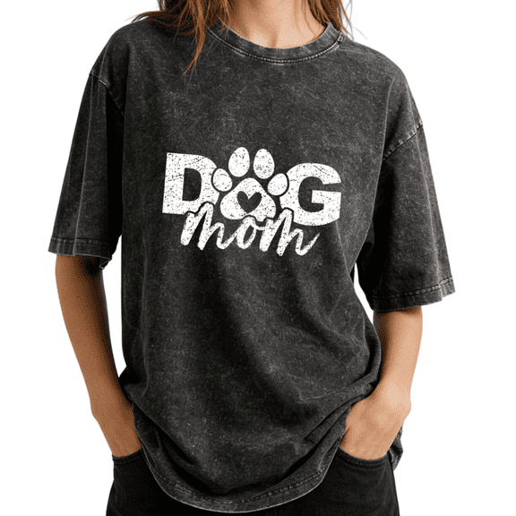 Dog Mom Heart Paw Print Graphic Wash Print Tshirt Graphic Tees Shirts Charcoal Relaxed Fit S-2XL Pet Lover Tops