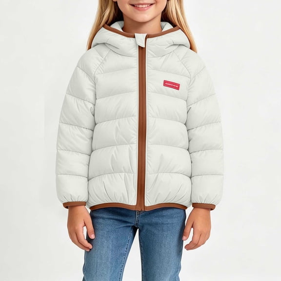 CYRBOKO Girls Puffer Hooded Jackets, Thermal Long Sleeve Zip Up Lightweight Winter Outerwear White Size 7-8 T