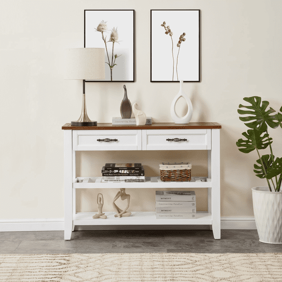 STOREADY Console Table, Entry Table, Sofa Table with Two Open Shelves, Pine Solid Wood Frame and Legs for Living Room, White