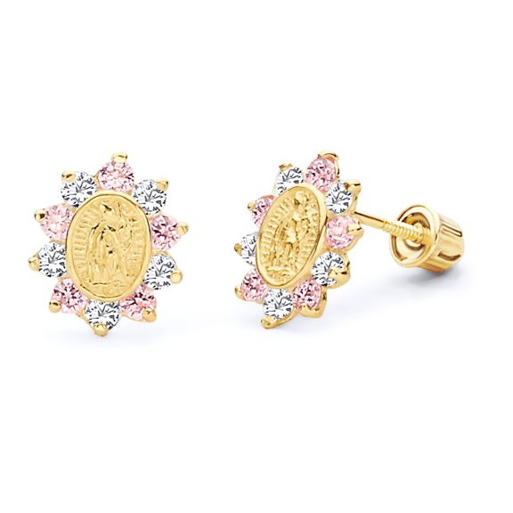 Wellingsale 14K Yellow Gold Polished Our Lady Guadalupe Stud Earrings With Screw Back