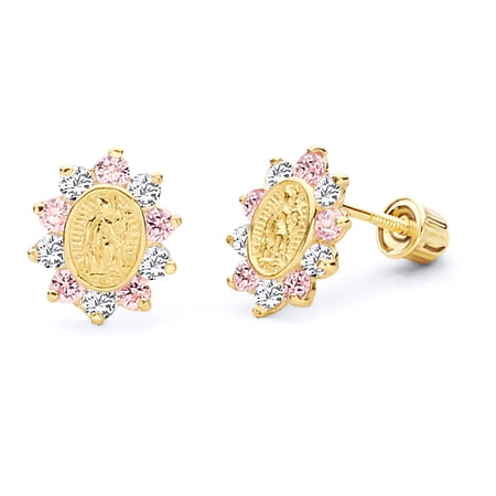 Wellingsale 14K Yellow Gold Polished Our Lady Guadalupe Stud Earrings With Screw Back