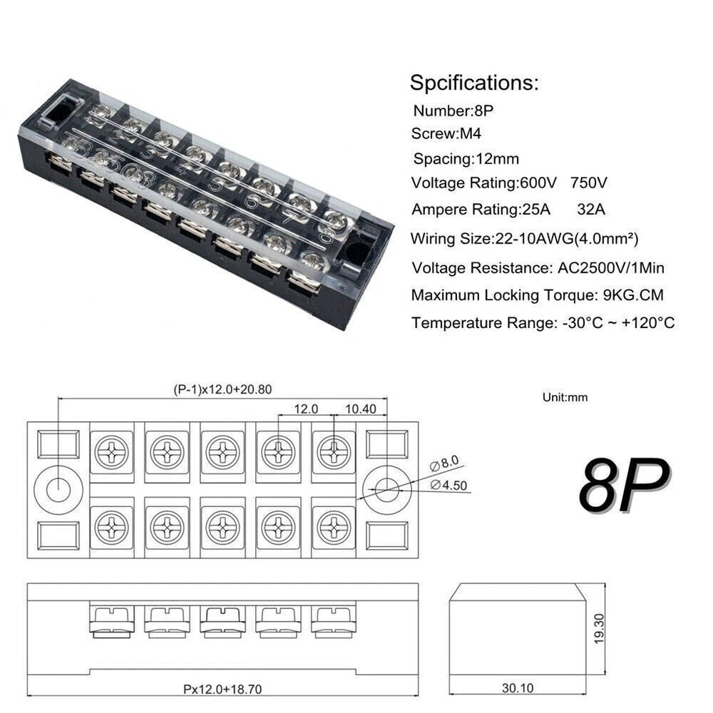 20-13 AWG 8-Circuit Terminal Block 15-TB-2508-2 (2-Pack)