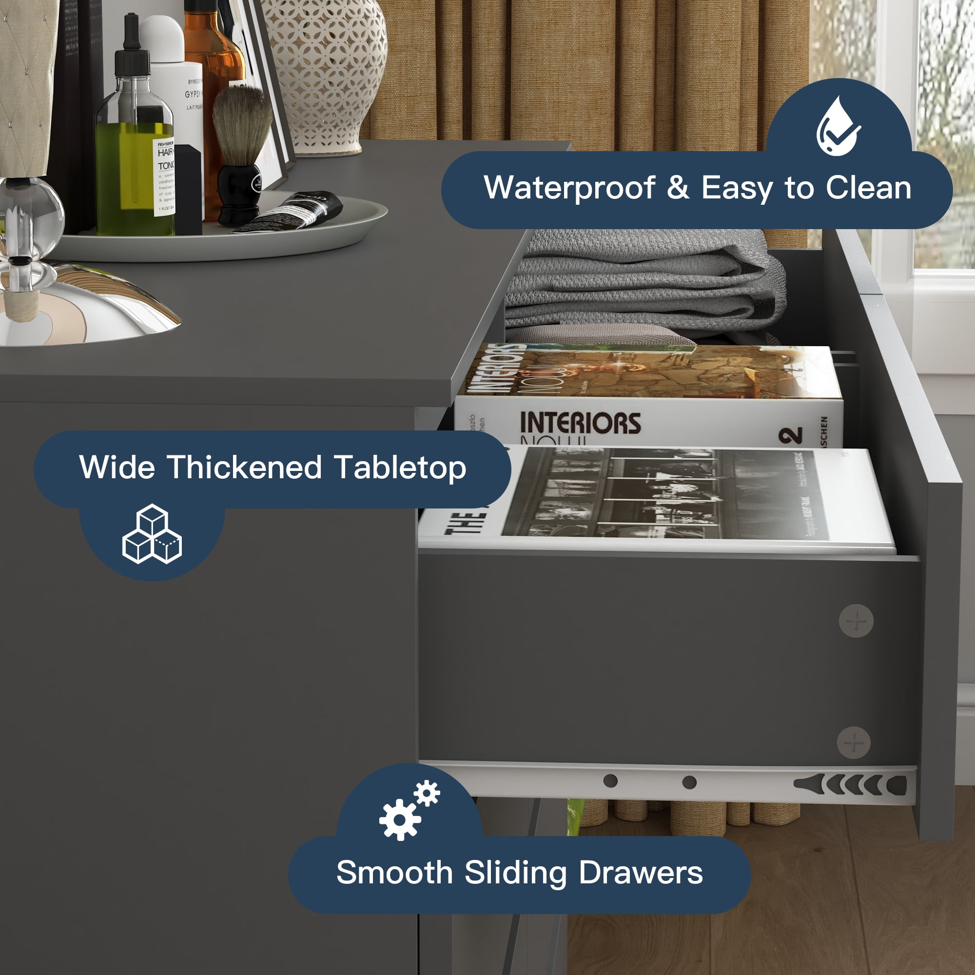 Demi Bonn 8 Drawer Double Dresser, Modern 8 Chest of Drawers with Deep Drawers, Wide Storage Organizer Cabinet for Living Room, Gray