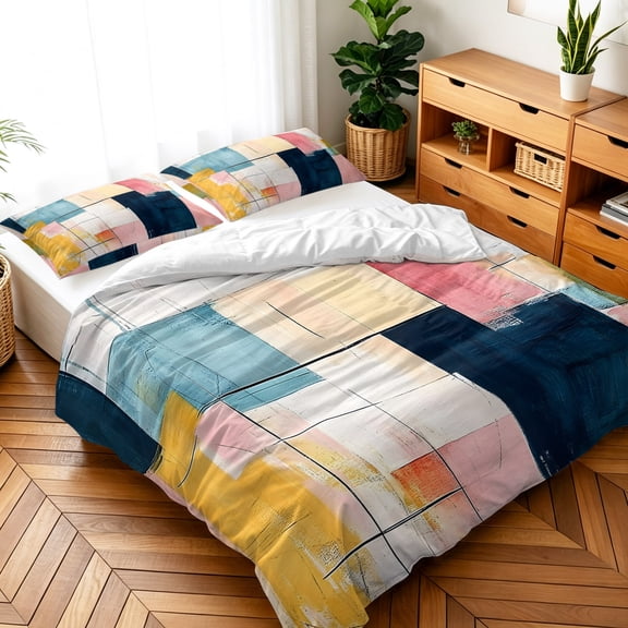 Queen Size 3 Pieces Duvet Cover Sets Pink Yellow Blue Color Block Bedding Set,Microfiber Soft Comforter Cover with Pillow Shams,Luxury Quilt Covers for Bedroom Decor Impressionist Style