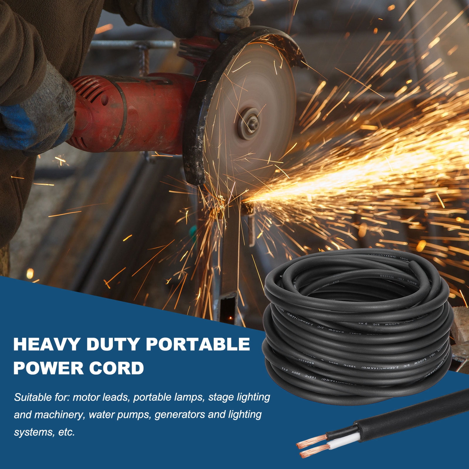 Uxcell SJOOW 14 Gauge 2 Conductor Electrical Wire, 10ft 14 AWG Automotive Wire, Portable Power Cable 300V for Generators, LED Lights, Battery Chargers, Flexible Extension Cord