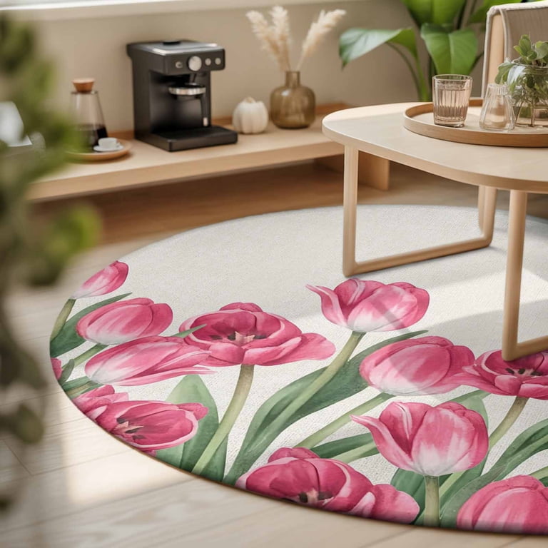 USA RUG / チューリップ柄 Rustic Spring Tulips Linen Texture Round Rug 3ft Farmhouse Pink