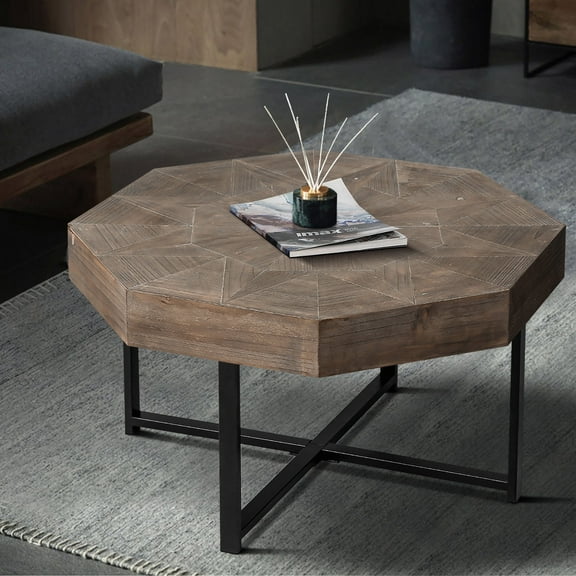 Atumcto Vintage Patchwork 30 inch Octagonal Wooden Coffee Table with Cross Metal Legs, Solid Wood Coffee Tables for Living Room - Antique Brown