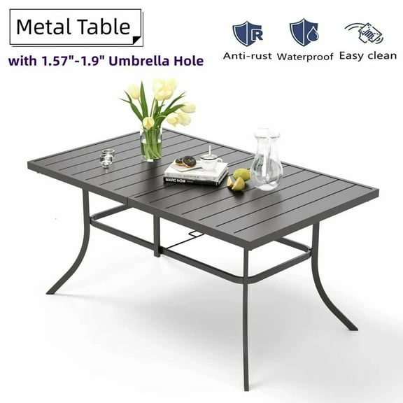 Patio Dining Table for 6 Person Outdoor Table with Umbrella Hole Rectangular