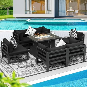 RADIATA 7 Pieces Aluminum Outdoor Patio Sectional Furniture Sofa Set with Fire Pit Table Large Size Luxury Comfortable Durable Water/UV-Resistant for Garden Porch Backyard Party (Black Cushion)