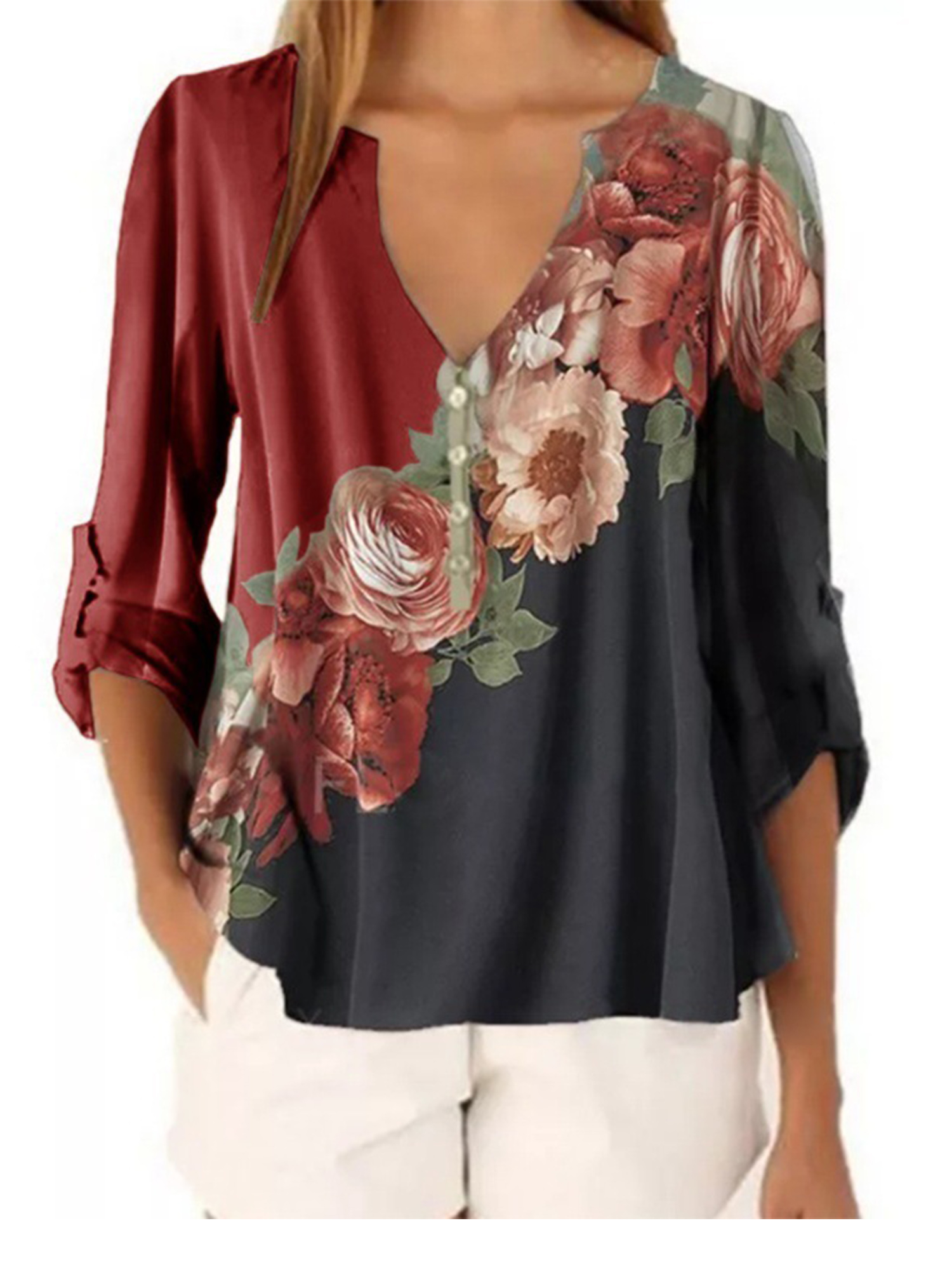 Womens Tops XL,Blue Blouses for Women V-Neck Long Sleeve Casual Loose Tunic Tops T Shirt Blouse Mini Boho Floral Dress