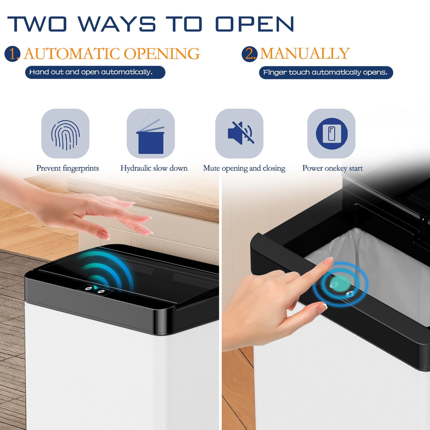 13 Gallon Trash Can Kitchen Trash Can with Lid High Capacity Garbage Can Stainless Steel Trash Can Automatic Trash Can Motion Sensor Trash Bin for Kitchen Bedroom Office, White