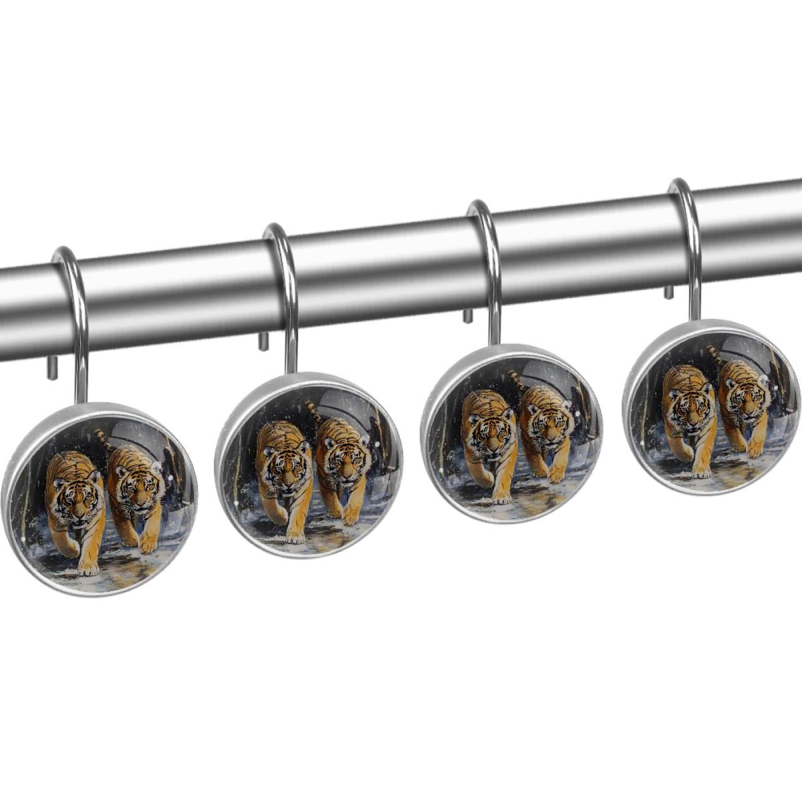 Tigers Walking on Snow Shower Curtain Hooks Round Crystal Glass, Set of 12 Shower Curtain Rings - Shower Hooks for Curtain Shower Rings