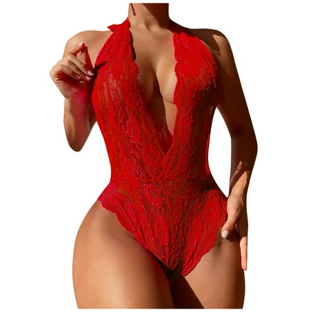 

BIZIZA Sexy Women Babydoll One Piece Hollow Out Lingerie Bodysuit Hollow Out Lace Deep V Neck Red S