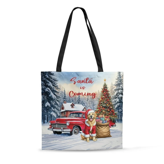 Santa is Coming Golden Retriever Merry Christmas Xmas Noel Truck Tree All Over Print 3D Canvas Tote Bag Goldens Dog Lover Gifts Idea Reusable Handbag - 02023