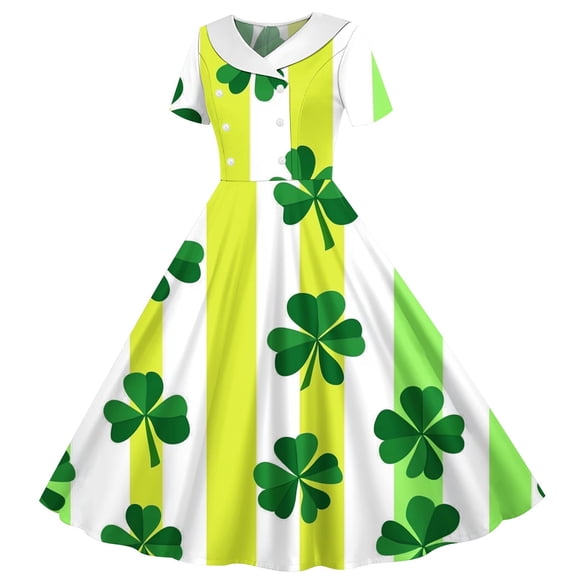 BRGZLK Girls Stretchy Dress Hepburn Style Saint Patricks Day Holiday Shamrock Print Short Sleeve Turn Down Collar Dress Kids Irish Dresses Party Outfits Yellow 9-10 Years