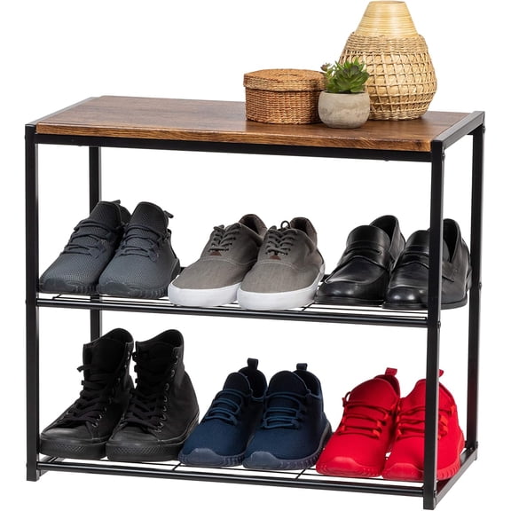 3-Tier Shoe Rack, Up to 6 Pairs, Shoe Bench for Front Door Entrance, Entryway, Mudroom Bench, Shoe Organizer for Closet, Shoe Storage Shelf, Modern Wood and Metal Shoe Rack Bench