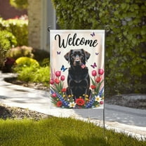 Welcome Spring Garden Flag Black Lab Dog With Flowers & American Flag Double Sided 12x18 Inch Yard Flag Patriotic Outdoor Decor Seasonal Farmhouse Banner Birthday Gifts for Men Women