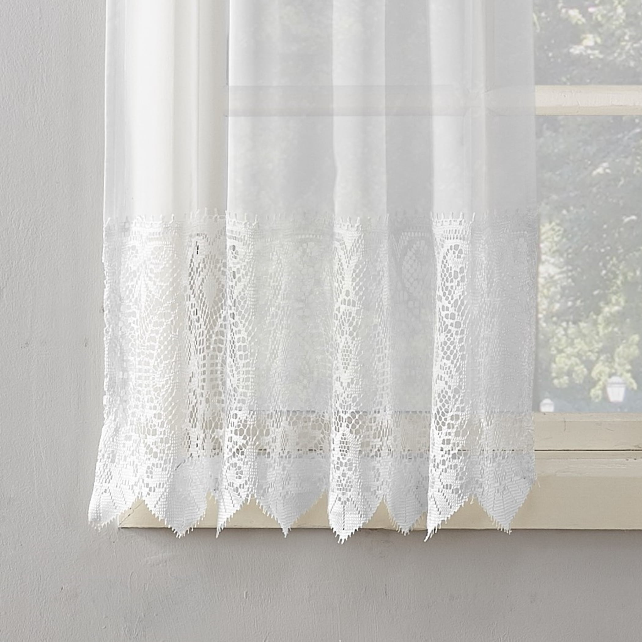 No. 918 Joy Macrame Lace Trim Semi-Sheer 60" x 24"" Rod Pocket Kitchen Curtains, Adult