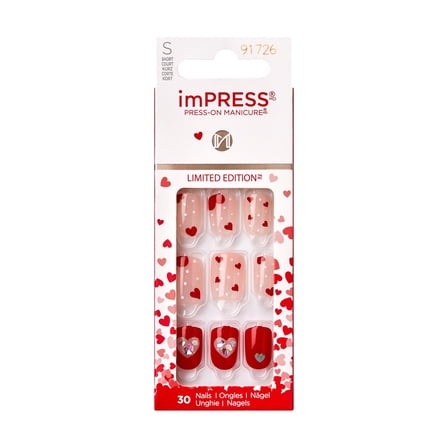 imPRESS Valentine Press-On Nails, No Glue Needed, Red, Short Square, 33 Ct.
