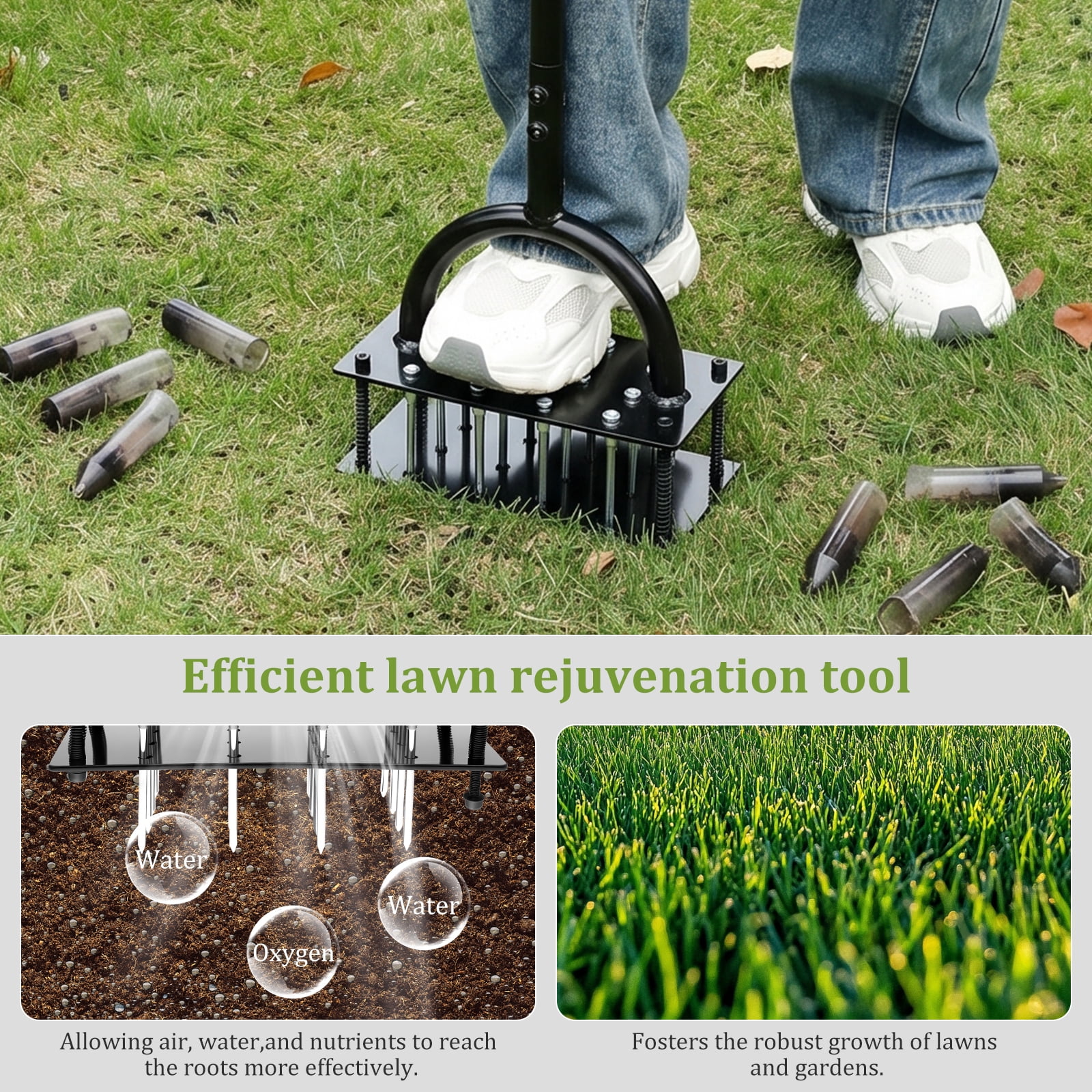 Austok Lawn Aerator Spikes Aerating Tool Metal Manual Auto Soil and Leaf Clean Design Pre Assembled 16 Spikes for Yards Lawn Gardening