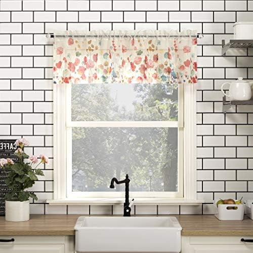 Rosalind Watercolor Floral Semi-Sheer Rod Pocket Kitchen Curtain Valance, 54" x 14", Poppy Red