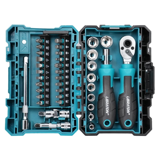 LIBRATON 37PCS 1/4" Drive Mini Socket & Ratchet Wrench Set with Bits, 4-13mm Shallow Sockets, Magnetic Driver Handle, Extension Bars & Univ