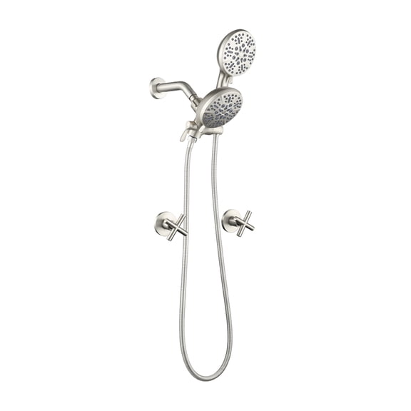 Cobbe Wall Mount with 7-Spray Patterns Dual Head 2-in-1 Hand Shower and 59-Inch Hose Bathroom Rain Shower System Brushed Nickel