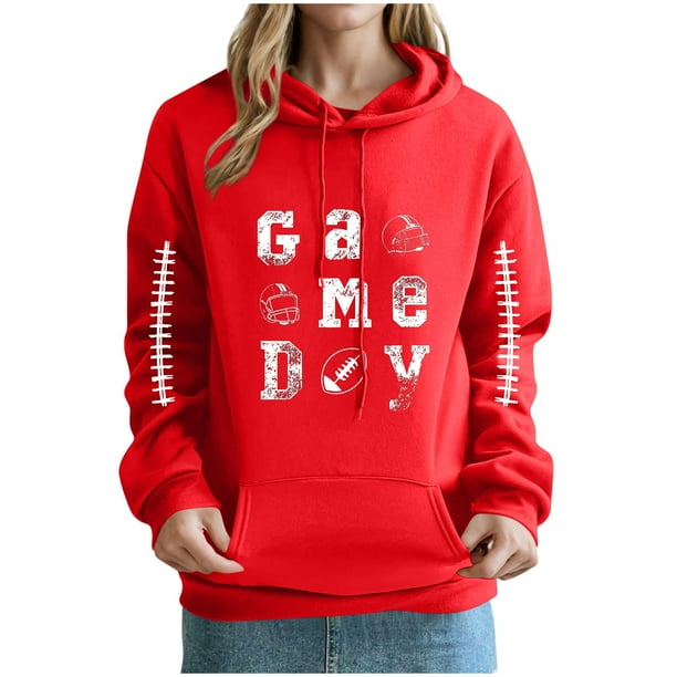 Heisall Womens Hoodies Rugby Print Pocket Drop Shoulder Long Sleeve Tops Fashion Casual Pullover Hooded Sweatshirts